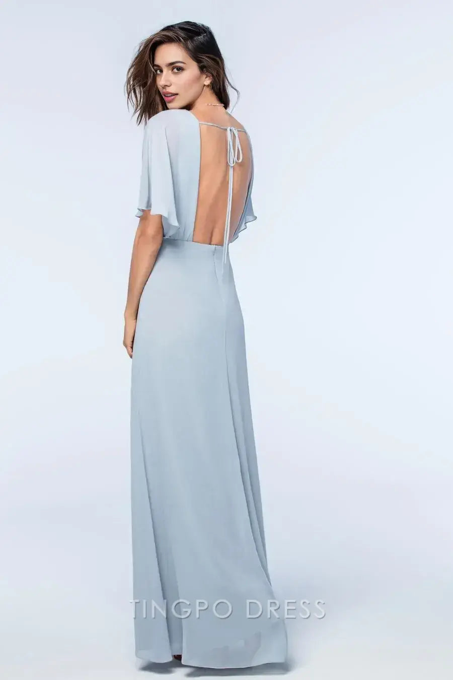 TingPo Wholesale Elegant Light Grey Deep V Dress - Batwing Sleeve Tie Waist Slit Maxi Evening Gown